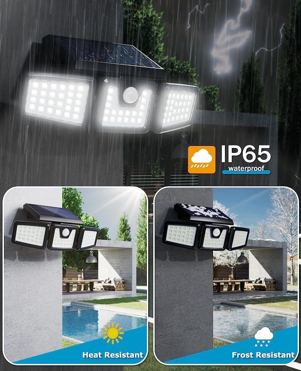 Picture of Solar Security Light – Motion Sensor Outdoor Wall Light with 3 Heads, 800LM 6500K, IP65 Waterproof Security Lights for Garden, Yard, Pathway, Garage