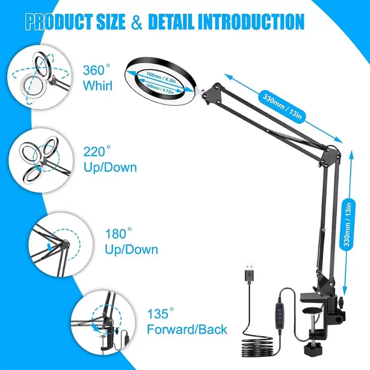 Picture of LED Desk Lamp 10X Magnifier Glass Foldable Light Stand Clamp Beauty Magnifying