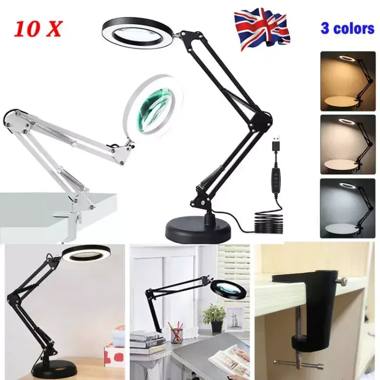 Picture of LED Desk Lamp 10X Magnifier Glass Foldable Light Stand Clamp Beauty Magnifying