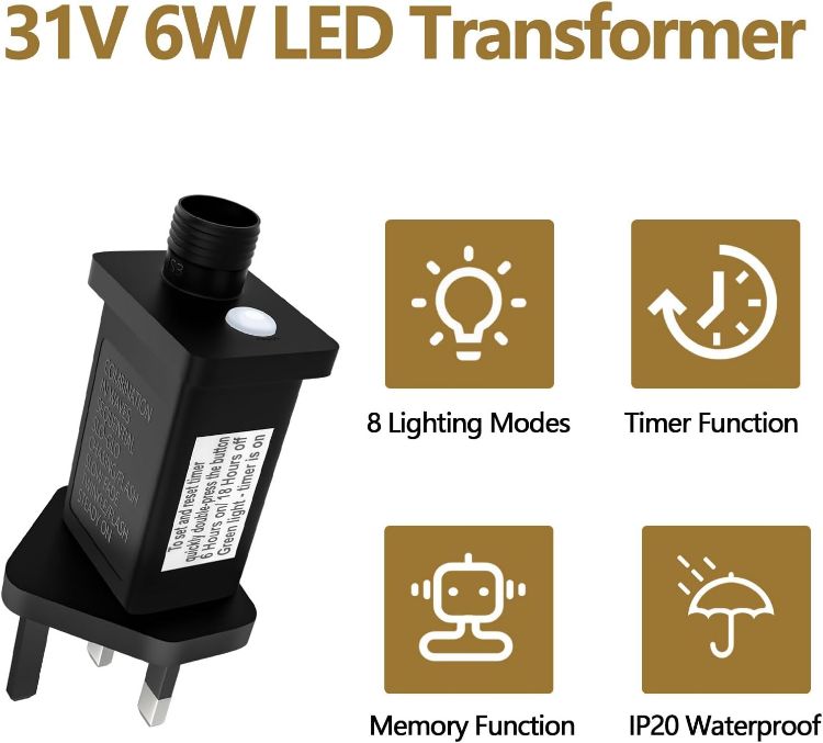 Picture of 31V Transformer Plug for Christmas Lights, LED Transformer Power Supply Adapter with 8 Modes, Timer, Memory, IP20 for Christmas Tree Lights, Net Lights, Icicle Lights