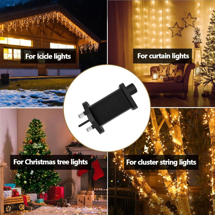 Picture of 31V Transformer Plug for Christmas Lights, LED Transformer Power Supply Adapter with 8 Modes, Timer, Memory, IP20 for Christmas Tree Lights, Net Lights, Icicle Lights