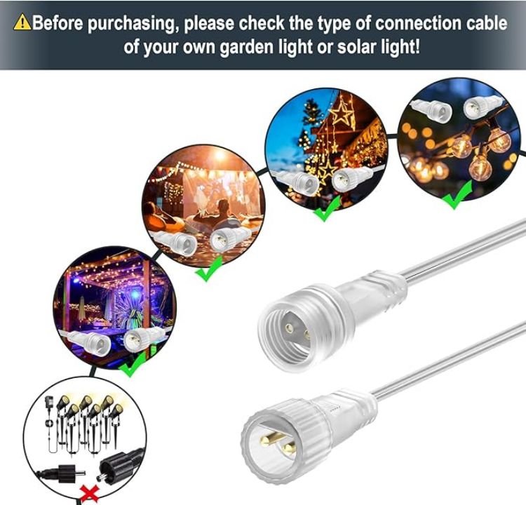 Picture of 10M/33Ft IP65 Waterproof 2-Pin Extension Cable for Christmas Lights, Garden Lights, and LED Fairy Lights