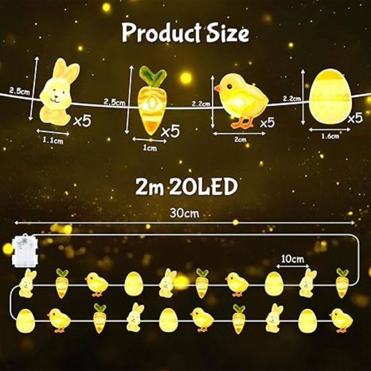 Picture of Easter String Lights – 2M 20LED Battery-Operated Lights with Easter Eggs, Bunny, Chicken, and Carrot Decorations for Indoor & Outdoor DIY Easter Party Decor