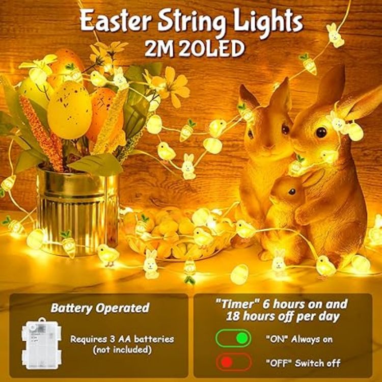 Picture of Easter String Lights – 2M 20LED Battery-Operated Lights with Easter Eggs, Bunny, Chicken, and Carrot Decorations for Indoor & Outdoor DIY Easter Party Decor