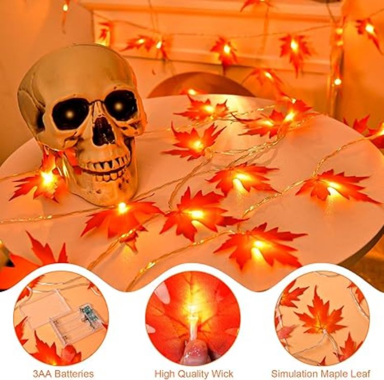 Picture of 3M 20-LED Maple Leaf Fairy Lights – Battery Operated Autumn Garland with Timer for Thanksgiving, Halloween, Christmas, and Party Décor