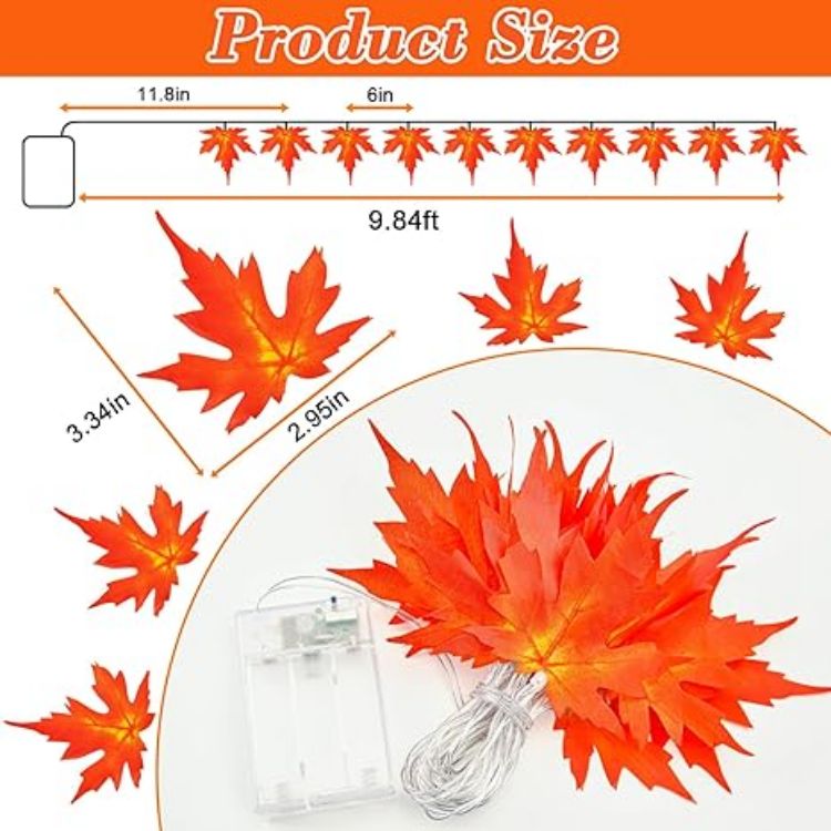 Picture of 3M 20-LED Maple Leaf Fairy Lights – Battery Operated Autumn Garland with Timer for Thanksgiving, Halloween, Christmas, and Party Décor