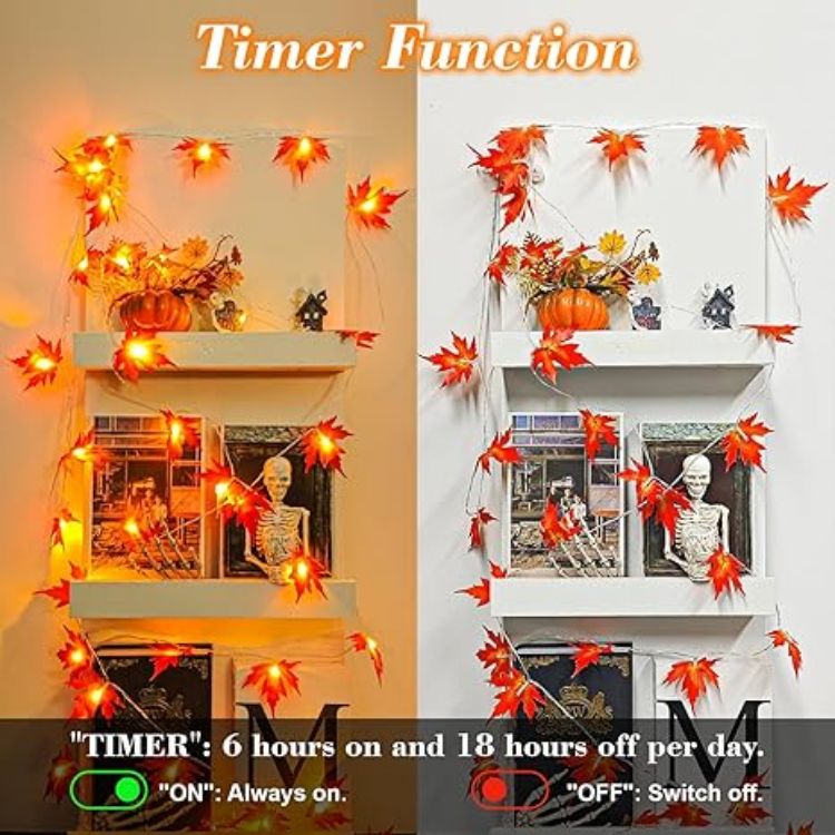 Picture of 3M 20-LED Maple Leaf Fairy Lights – Battery Operated Autumn Garland with Timer for Thanksgiving, Halloween, Christmas, and Party Décor