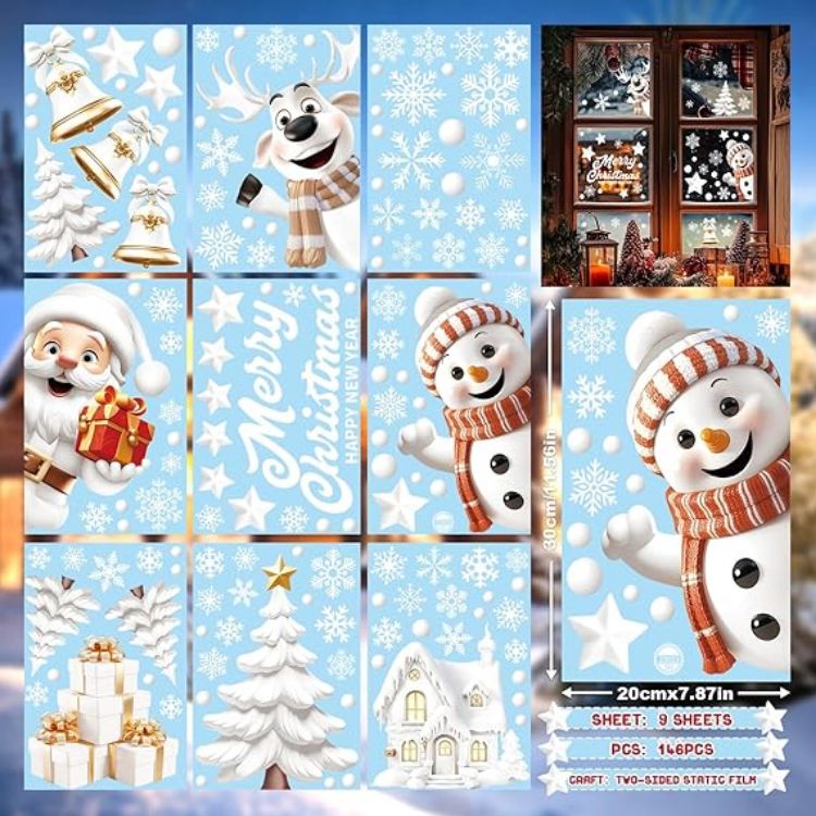 Picture of Christmas Window Clings – 146pcs Double-Sided Reusable Decals for Holiday Window Decorations 9 Sheets