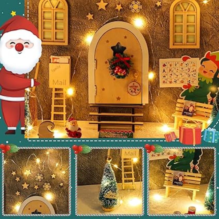 Picture of Fairy Door with Accessories – 56Pcs Wooden Gnome Door Set with Mini Fairy Lights for Garden & Christmas Decorations