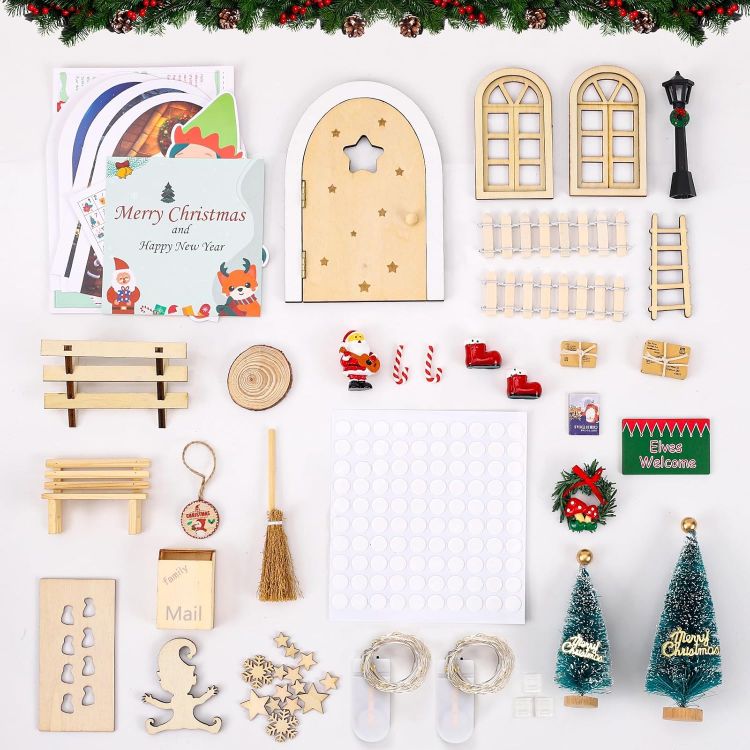 Picture of Fairy Door with Accessories – 56Pcs Wooden Gnome Door Set with Mini Fairy Lights for Garden & Christmas Decorations