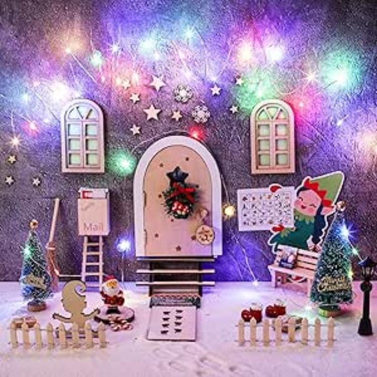 Picture of Fairy Door with Accessories – 56Pcs Wooden Gnome Door Set with Mini Fairy Lights for Garden & Christmas Decorations