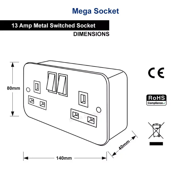 Picture of METAL CLAD 13 Amp Double 2 Gang Switched Socket Twin Electrical Wall Plug Socket