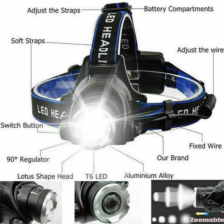 Picture of T6 Headlamp Rechargeable 350000LM LED Zoom Headlight Head Torch USB Line