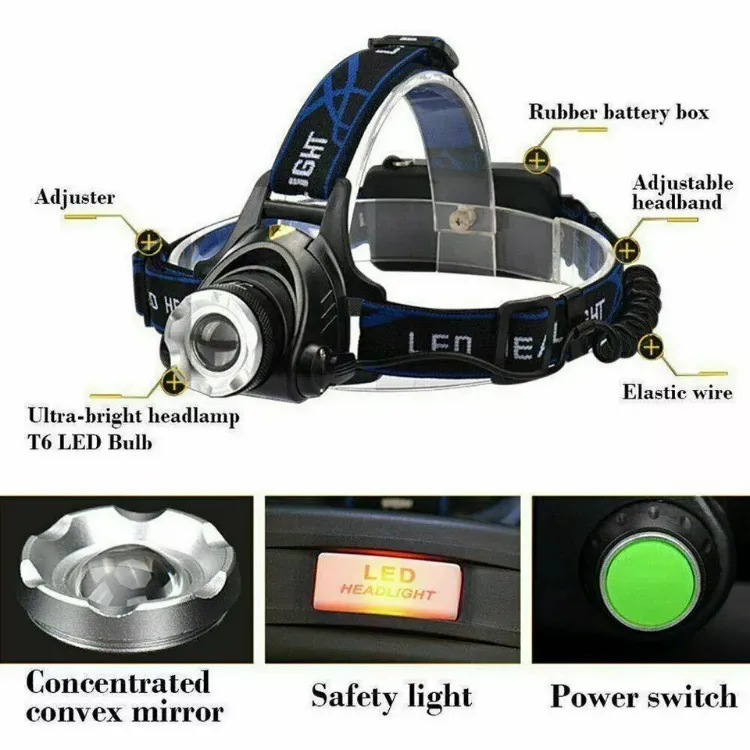 Picture of T6 Headlamp Rechargeable 350000LM LED Zoom Headlight Head Torch USB Line