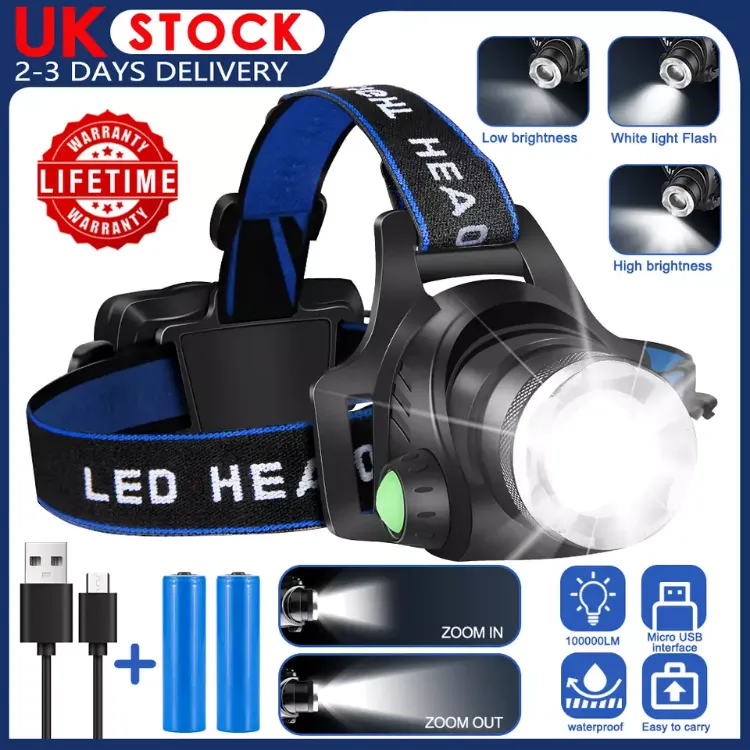 Picture of T6 Headlamp Rechargeable 350000LM LED Zoom Headlight Head Torch USB Line