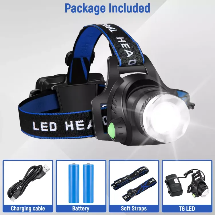 Picture of T6 Headlamp Rechargeable 350000LM LED Zoom Headlight Head Torch USB Line