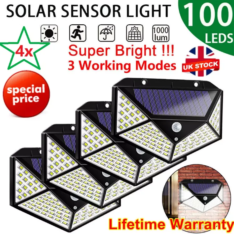 Picture of 4X Solar Power PiR Motion Sensor Wall Lights 100LED Outdoor Garden Security Lamp