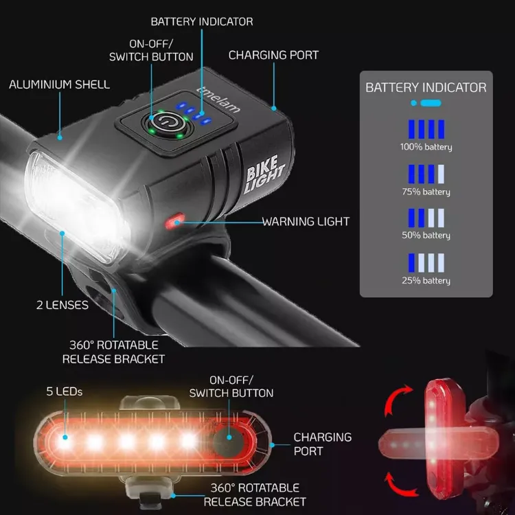 Picture of Mountain Bike Lights USB Rechargeable Bicycle LED Torch Front Rear Lamp Set