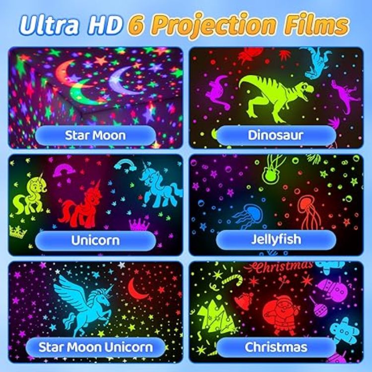 Picture of One Fire Kids Star Projector Night Light – Rechargeable 96-Modes Baby Light with 6 Films, 360° Rotating Sensory Ceiling Lamp