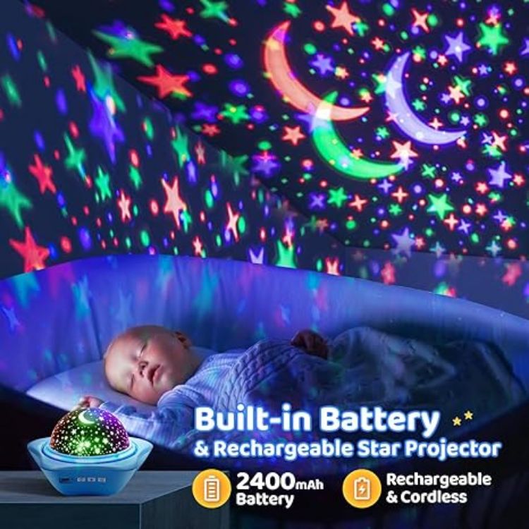 Picture of One Fire Kids Star Projector Night Light – Rechargeable 96-Modes Baby Light with 6 Films, 360° Rotating Sensory Ceiling Lamp