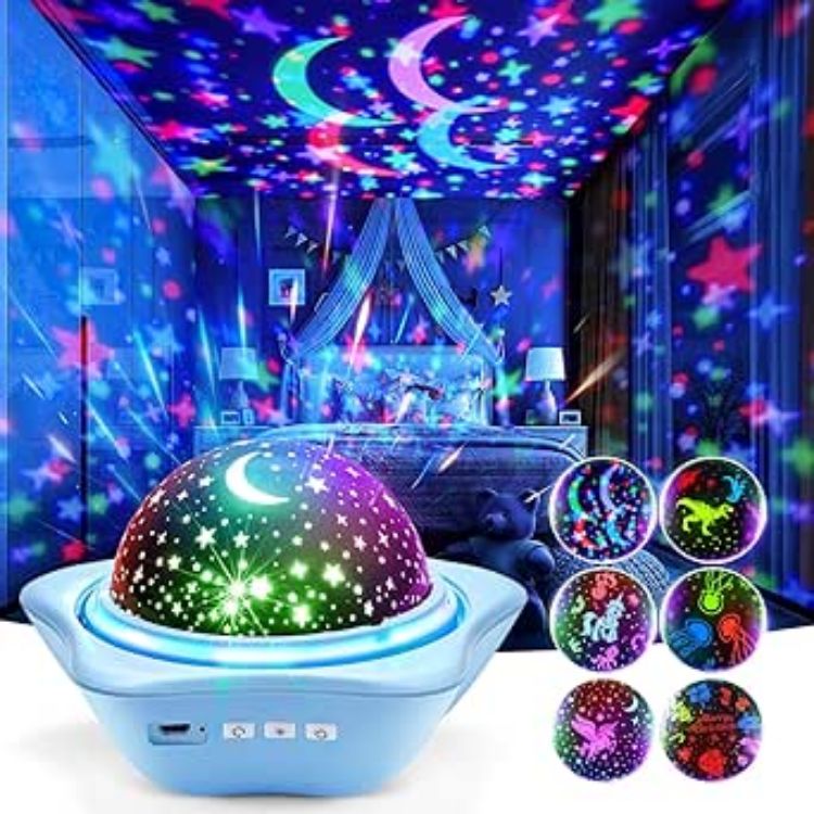 Picture of One Fire Kids Star Projector Night Light – Rechargeable 96-Modes Baby Light with 6 Films, 360° Rotating Sensory Ceiling Lamp