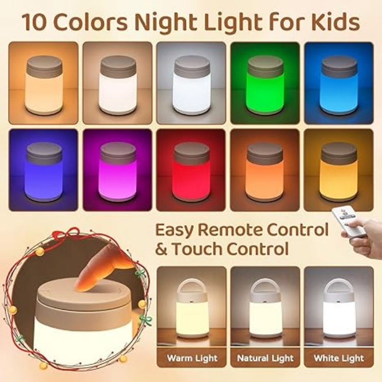 Picture of One Fire Rechargeable Kids Night Light – 10-Color Dimmable Touch Lamp with Timer & Remote, Portable Cordless LED Baby Lamp for Bedroom