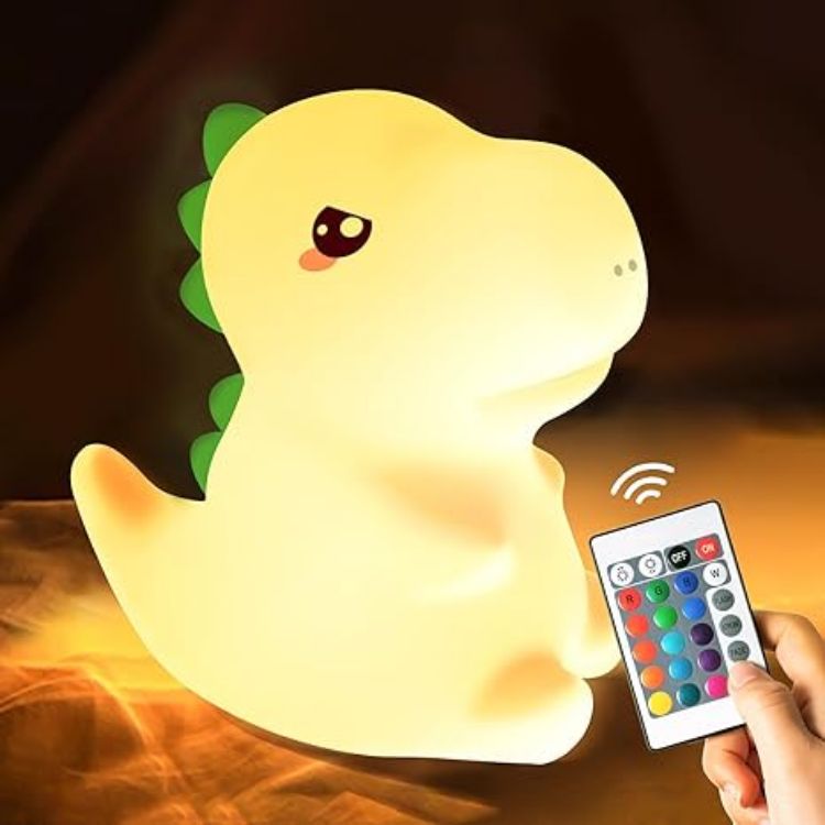 Picture of One Fire Dinosaur Night Light for Kids – Rechargeable Silicone Lamp with 16 Colors, Dimmable Remote-Control Baby Night Light, Cute Bedroom Décor & Dinosaur Gift