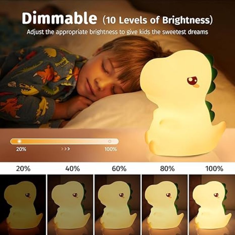 Picture of One Fire Dinosaur Night Light for Kids – Rechargeable Silicone Lamp with 16 Colors, Dimmable Remote-Control Baby Night Light, Cute Bedroom Décor & Dinosaur Gift