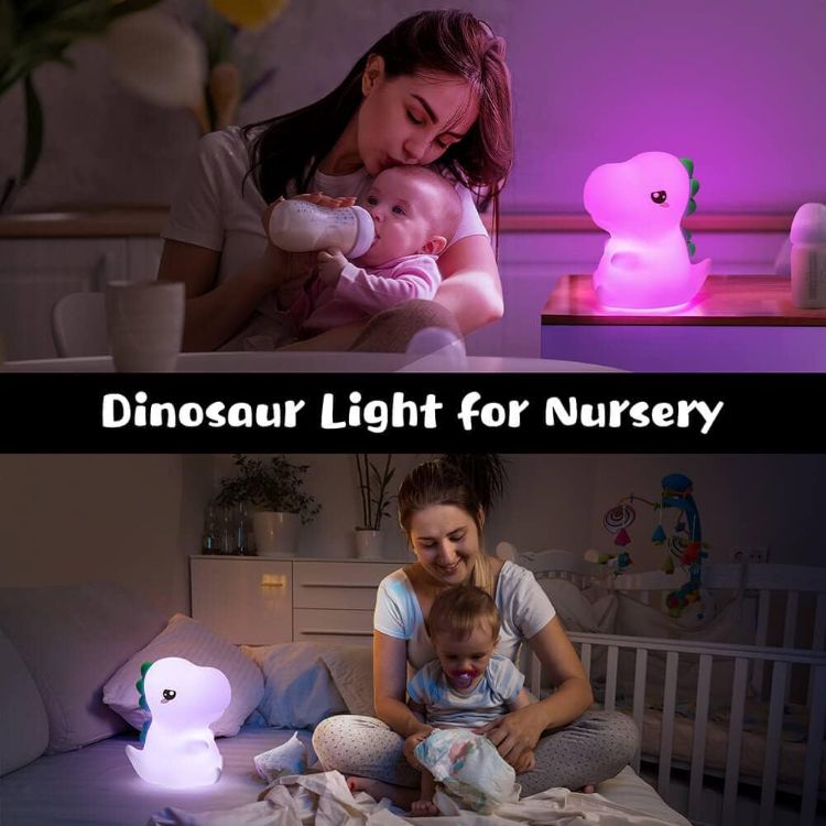 Picture of One Fire Dinosaur Night Light for Kids – Rechargeable Silicone Lamp with 16 Colors, Dimmable Remote-Control Baby Night Light, Cute Bedroom Décor & Dinosaur Gift