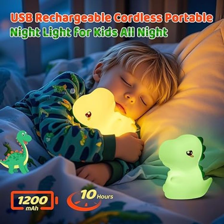 Picture of One Fire Dinosaur Night Light for Kids – Rechargeable Silicone Lamp with 16 Colors, Dimmable Remote-Control Baby Night Light, Cute Bedroom Décor & Dinosaur Gift