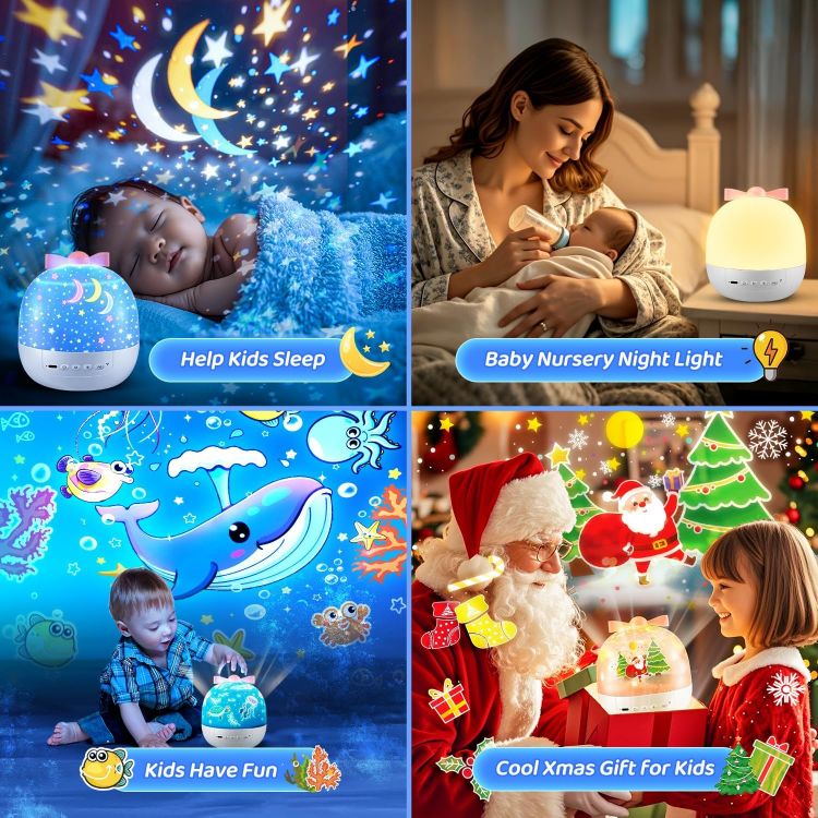 Picture of Kids Night Light Projector – 144 Modes, 15 Films, USB Rechargeable Baby Lamp with Remote & 360° Rotation, Girls Night Light for Kids’ Rooms