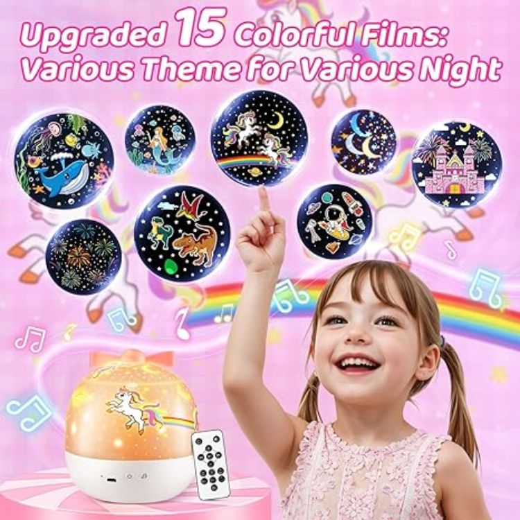 Picture of Kids Night Light Projector – 144 Modes, 15 Films, USB Rechargeable Baby Lamp with Remote & 360° Rotation, Girls Night Light for Kids’ Rooms