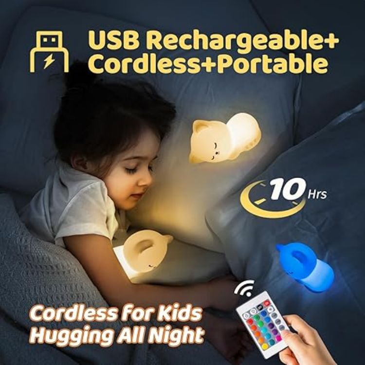 Picture of Rechargeable Kids Night Light – Cat Lamp with Remote, 16 RGB Colors, USB Baby Night Light for Newborns & Kids, Perfect Night Light for Bedroom Accessories