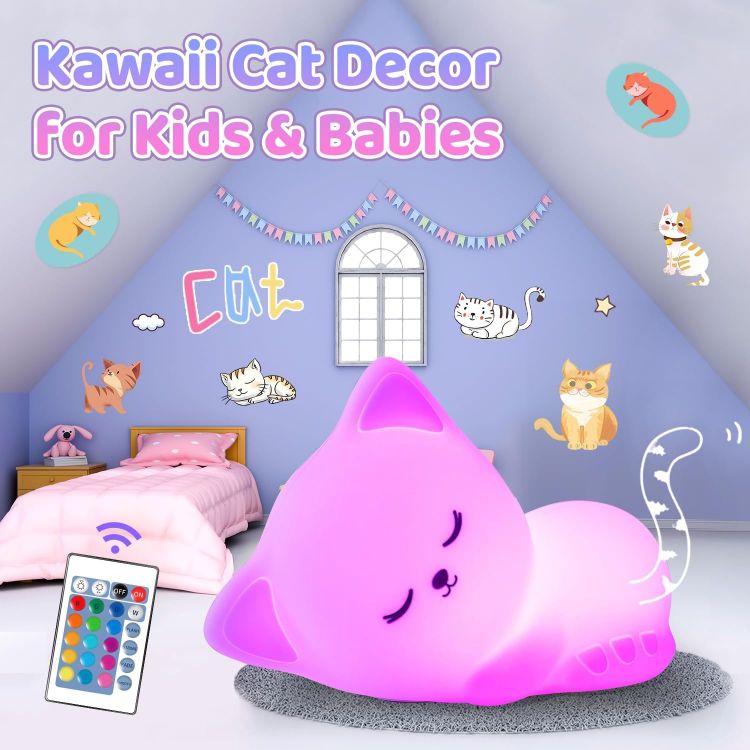 Picture of Rechargeable Kids Night Light – Cat Lamp with Remote, 16 RGB Colors, USB Baby Night Light for Newborns & Kids, Perfect Night Light for Bedroom Accessories