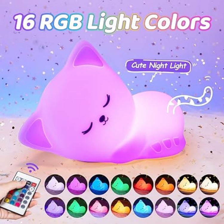 Picture of Rechargeable Kids Night Light – Cat Lamp with Remote, 16 RGB Colors, USB Baby Night Light for Newborns & Kids, Perfect Night Light for Bedroom Accessories