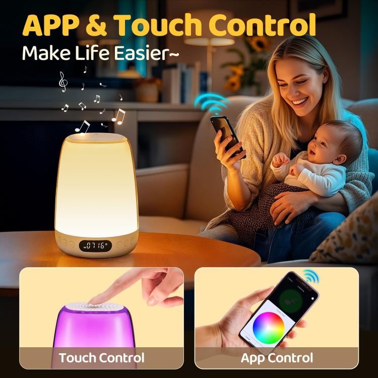 Picture of Rechargeable Toddler Night Light – 48 Colors, 14 White Noises, Dimmable Bedside Lamp with APP Control & Touch, 3000mAh Battery for Kids’ Bedroom