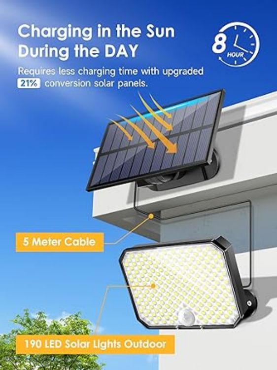 Picture of One Fire 190 LED Solar Security Lights – Outdoor Garden Lights with 3 Modes, Remote Control, Motion Sensor, IP65 Waterproof Solar Powered Lighting