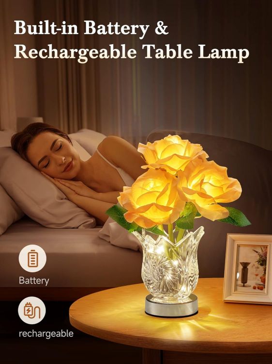 Picture of Romantic Touch Control Rose Flower Lamp,  Dimmable, Rechargeable Table Lamp with Glass Vase, Battery Operated for Bedroom & Living Room, Perfect Gift for Her