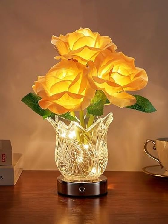 Picture of Romantic Touch Control Rose Flower Lamp,  Dimmable, Rechargeable Table Lamp with Glass Vase, Battery Operated for Bedroom & Living Room, Perfect Gift for Her