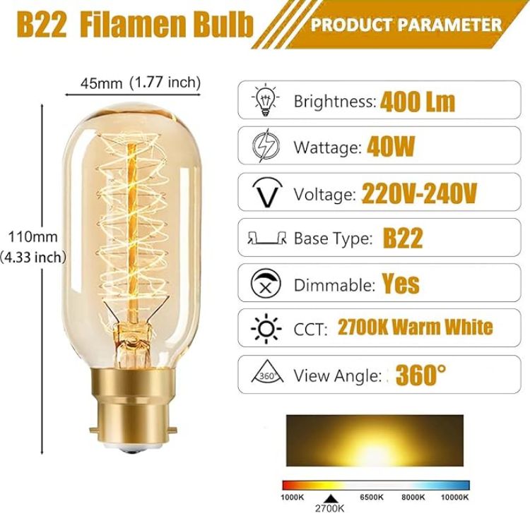 Picture of 40W B22 Vintage Bayonet Edison Bulb, Dimmable Warm White, Spiral Retro Filament, Amber Glass, T45 Decorative Bulb, Pack of 3