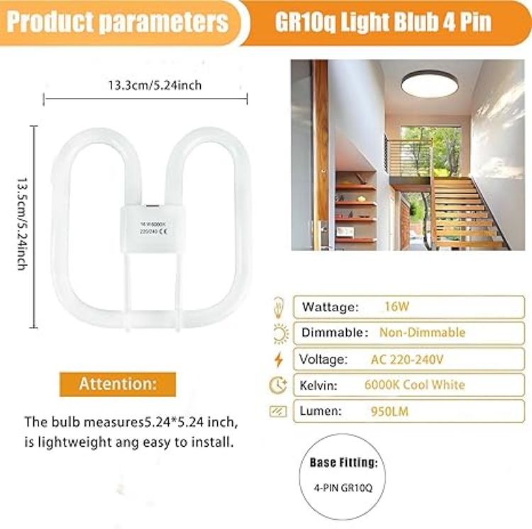 Picture of 16W GR10Q 4-Pin Compact Fluorescent Bulbs, 6000K Cold White, Non-Dimmable, 950LM Energy-Saving Ceiling Light Bulbs