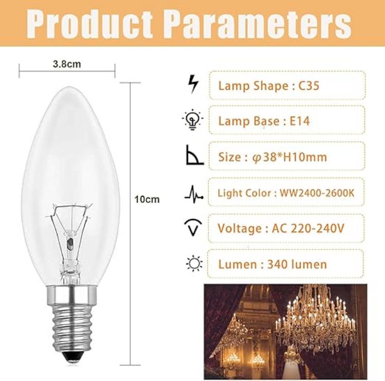 Picture of 6-Pack E14 Small Screw Candle Bulbs, 40W Dimmable, Clear, 2700K Warm White, Energy  230V