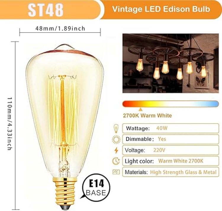 Picture of E14 40W Vintage Edison Bulb, Dimmable Retro Filament, ST48 Decorative Light Bulb, Warm White 2700K, Candle Bulbs, Small Screw Light Bulbs, 3-Pack