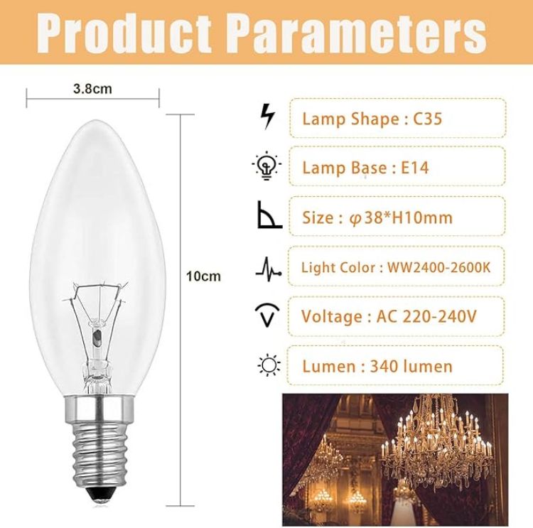 Picture of 3-Pack E14 Small Screw Light Bulb, C35 SES Dimmable Candle Bulbs 40W, Clear, 2700K Warm White, 230V