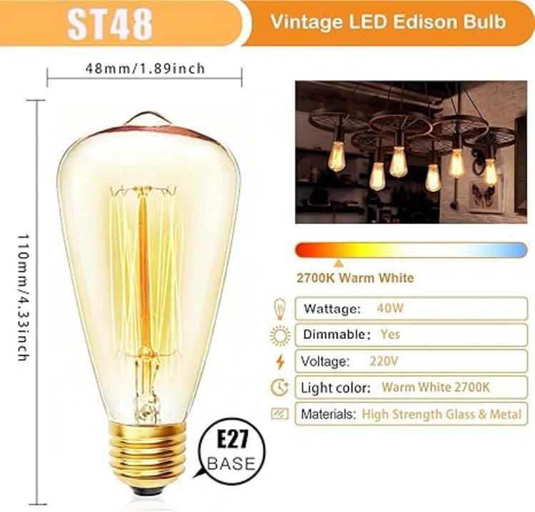 Picture of E27 Vintage Edison Light Bulb ST48, 40W Dimmable Filament Bulb, 2700K Warm White Amber Glass Retro Screw Lamp for Decorative Lighting