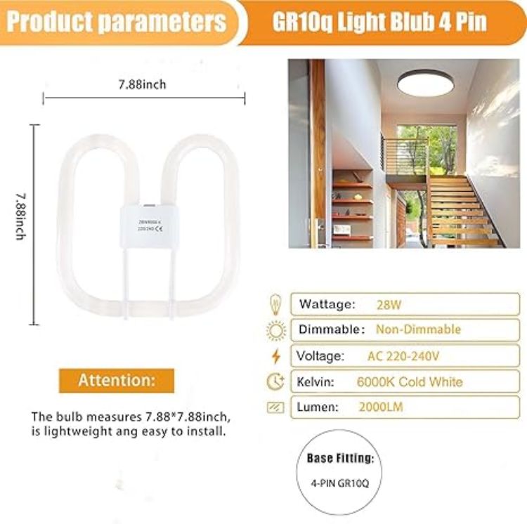 Picture of 28W GR10q 4-Pin Compact Fluorescent Lamp, 6000K Cold White CFL Light Bulb, Energy-Saving Non-Dimmable Bulbs for Ceiling Lights, Pack of 2