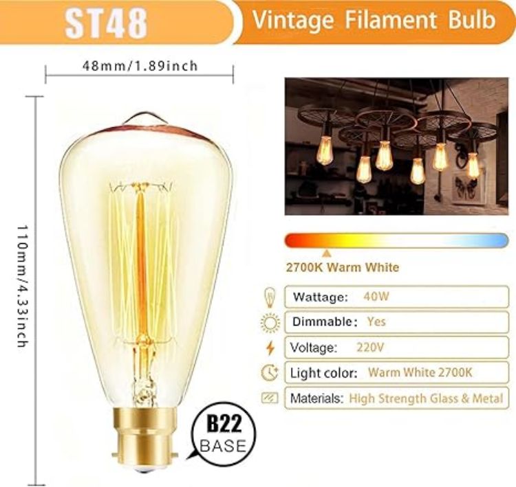 Picture of B22 ST48 Bayonet Retro Edison Filament Bulbs, 40W Dimmable Warm White 2700K Antique Amber Decorative Bulbs, 2 Pack