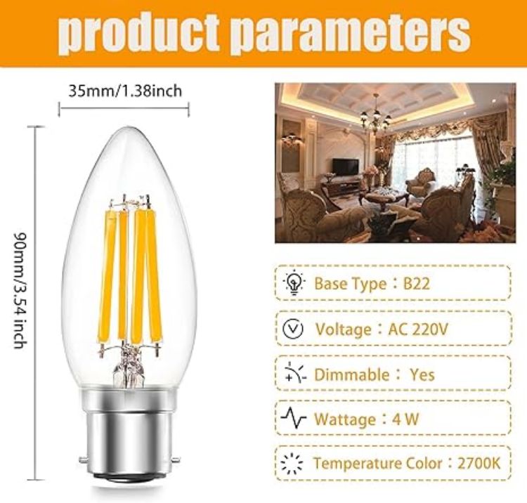 Picture of 4W B22 C35 LED Candle Bulbs, Dimmable Filament Light Bulbs Warm White 2700K, 400lm, Retro Decorative B22 Bayonet Cap Bulbs, Energy-Saving Pack of 3