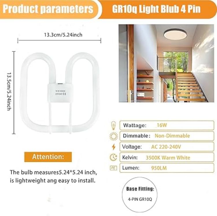 Picture of 16W GR10Q Compact Fluorescent Lamp, 4 Pin Light Bulbs Warm White 3500K, 950LM, Energy-Saving Light Bulbs, Pack of 2, AC 230V