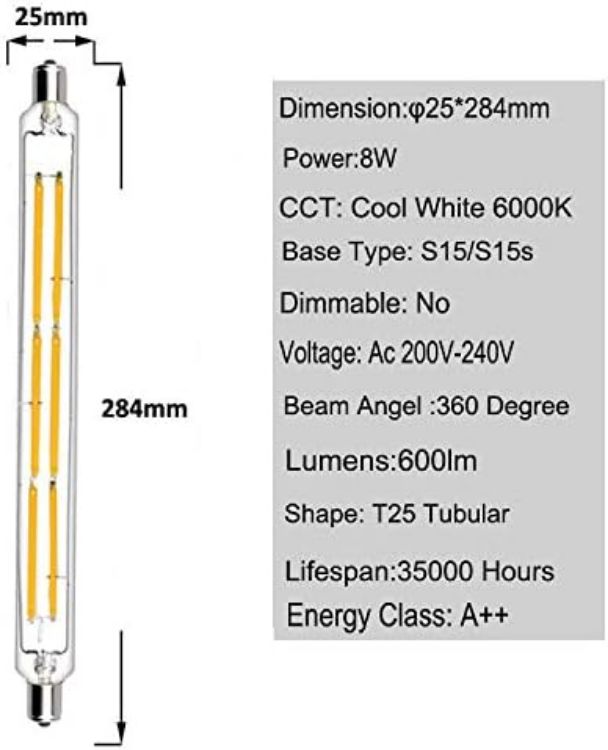 Picture of S15 LED Bulb 284mm, 8W Cold White 6000K Strip Light, Double Ended S15 LED Under Cabinet Kitchen Light, Mirrors, Shaver Light